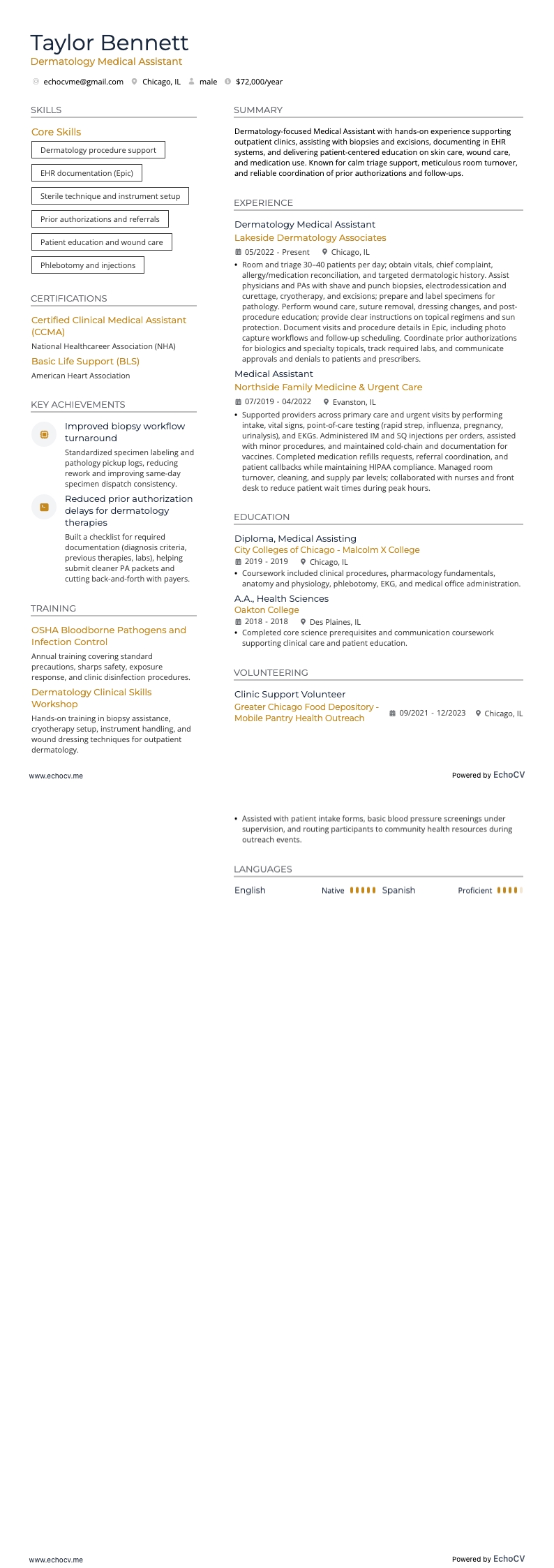 Dermatology Medical Assistant example resume