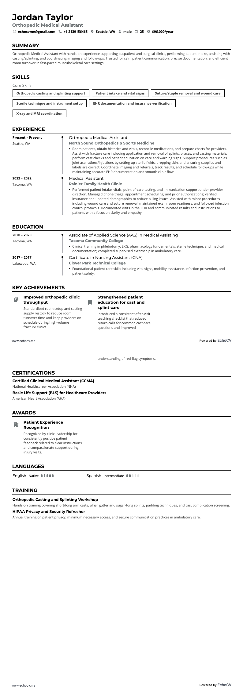 Orthopedic Medical Assistant example resume