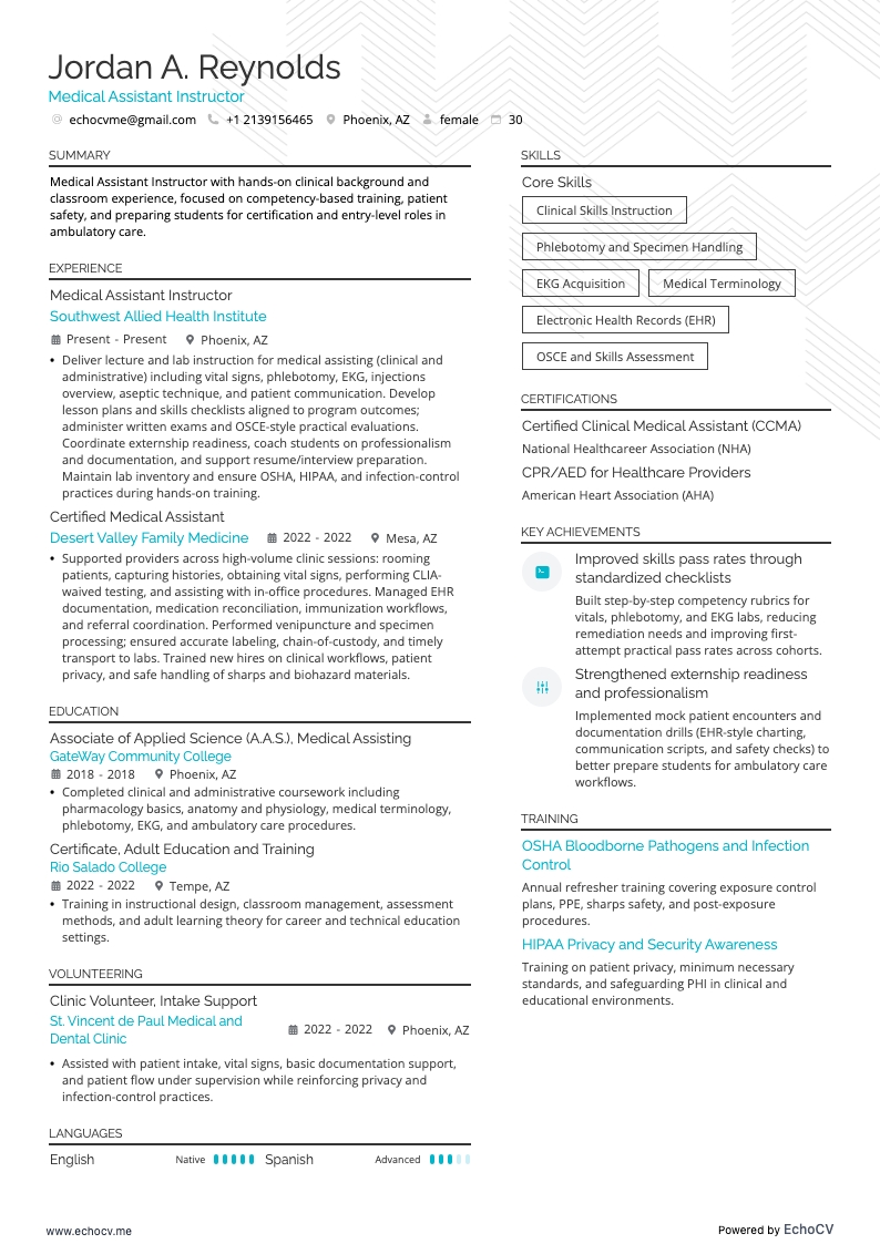 Medical Assistant Instructor example resume
