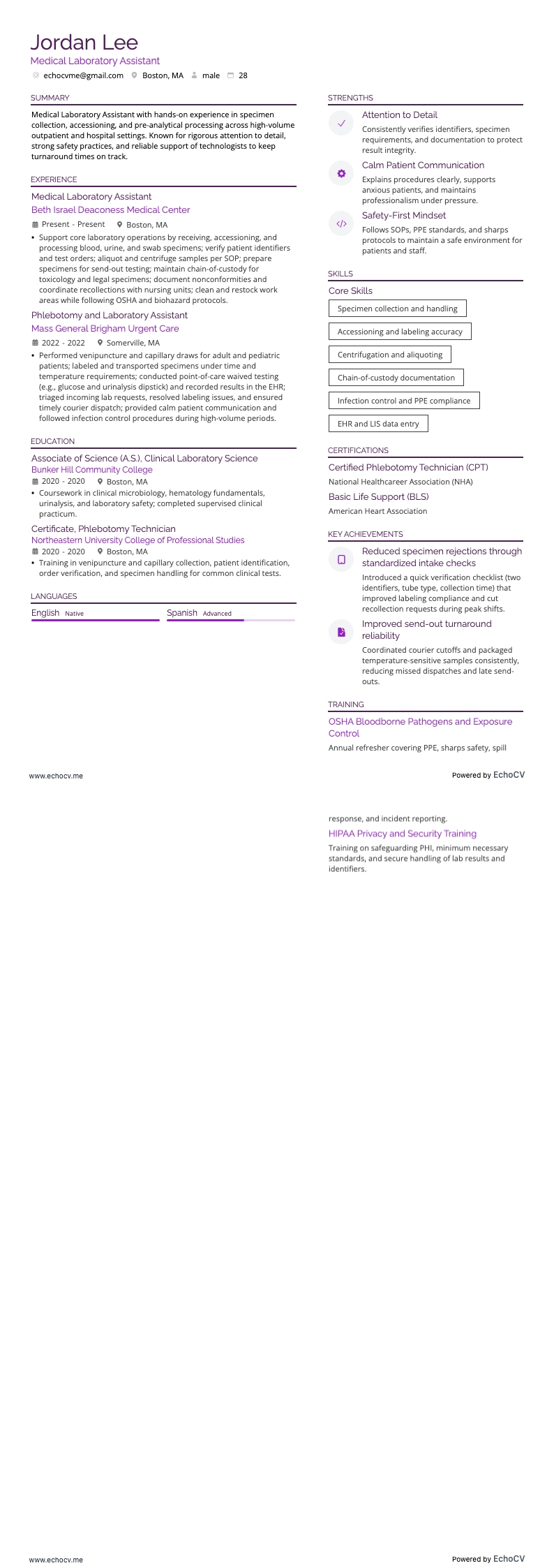Medical Laboratory Assistant example resume