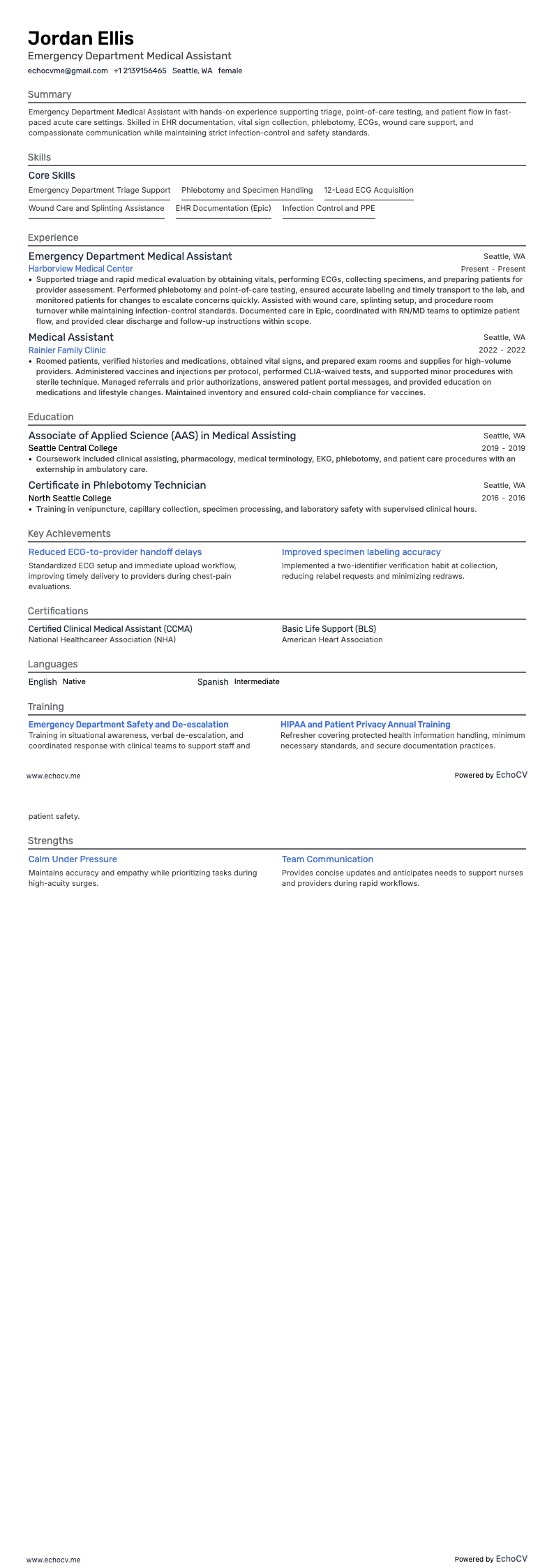 Emergency Department Medical Assistant example resume