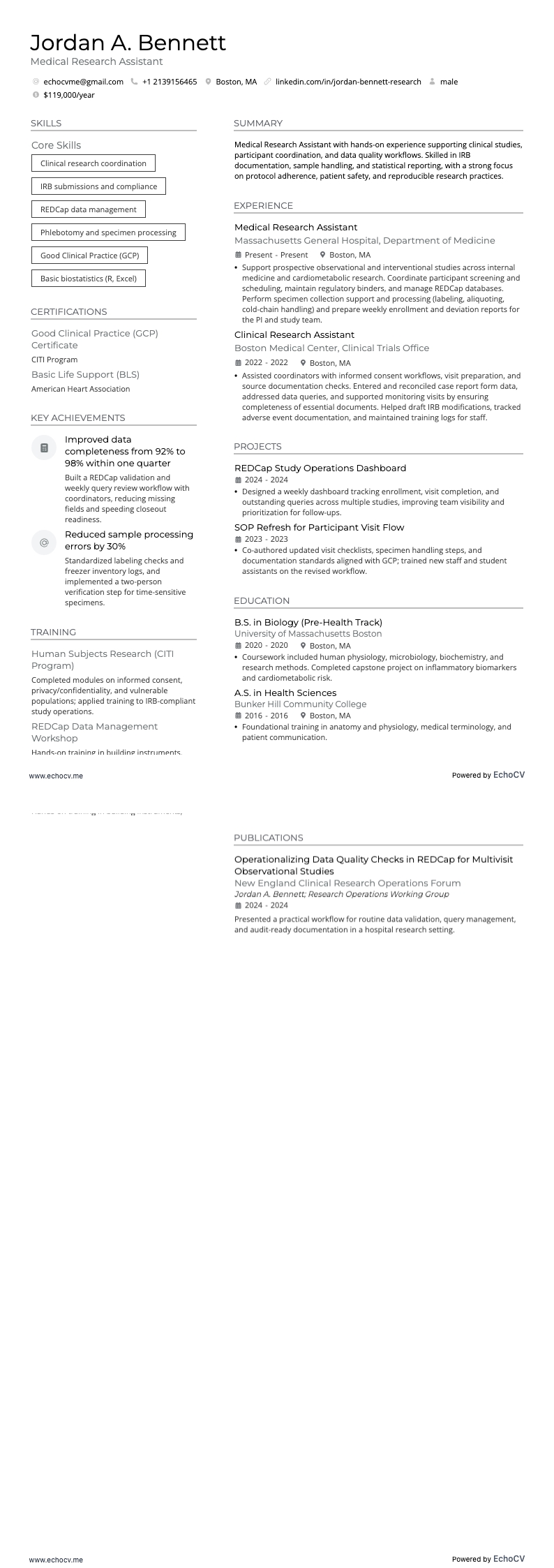 Medical Research Assistant example resume