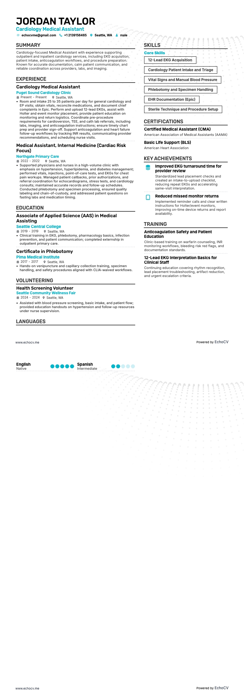Cardiology Medical Assistant example resume