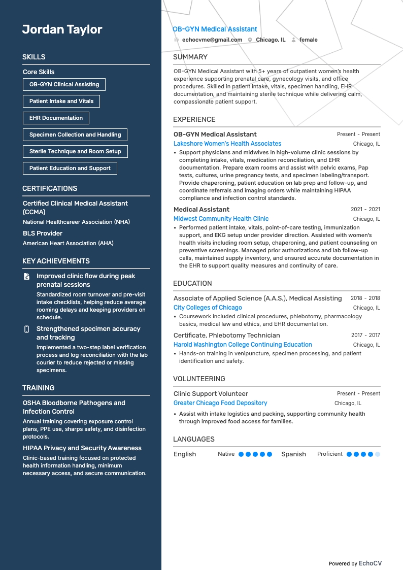 OB-GYN Medical Assistant example resume