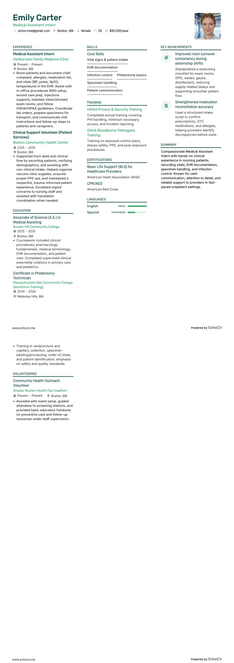 Medical Assistant Intern example resume