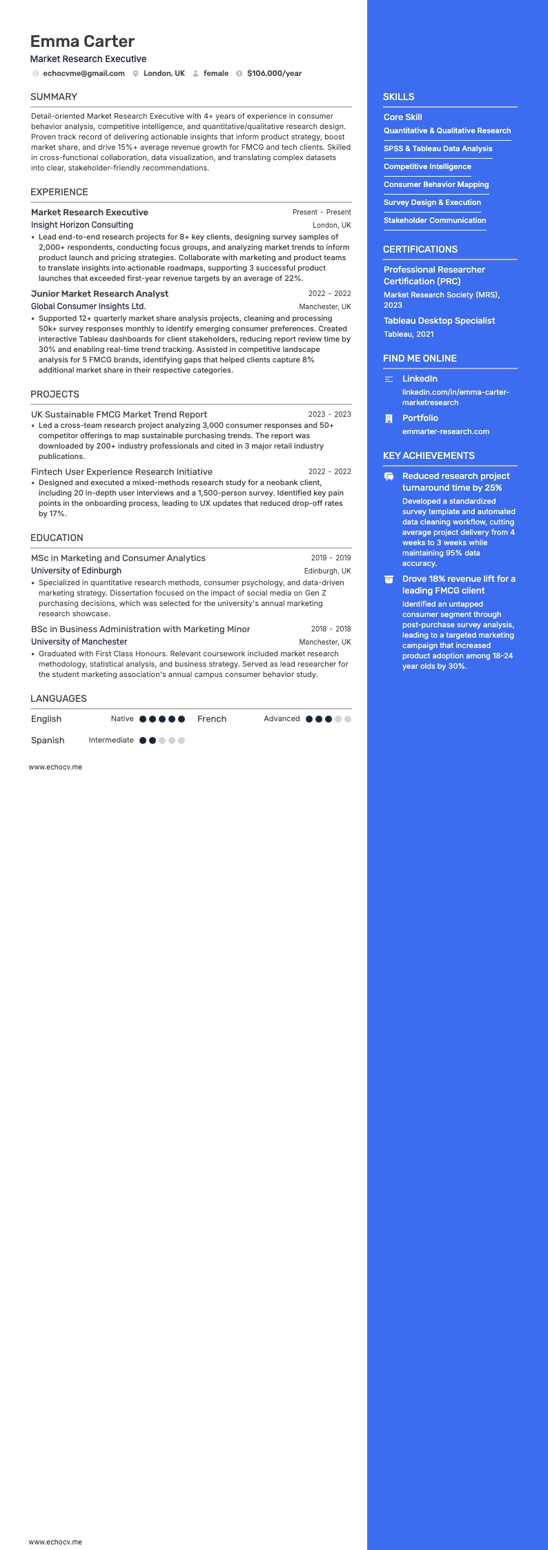 Market Research Executive example resume