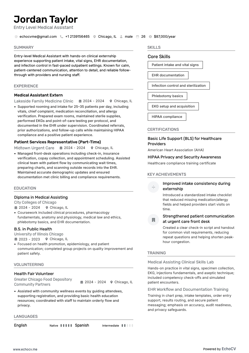 Entry Level Medical Assistant example resume
