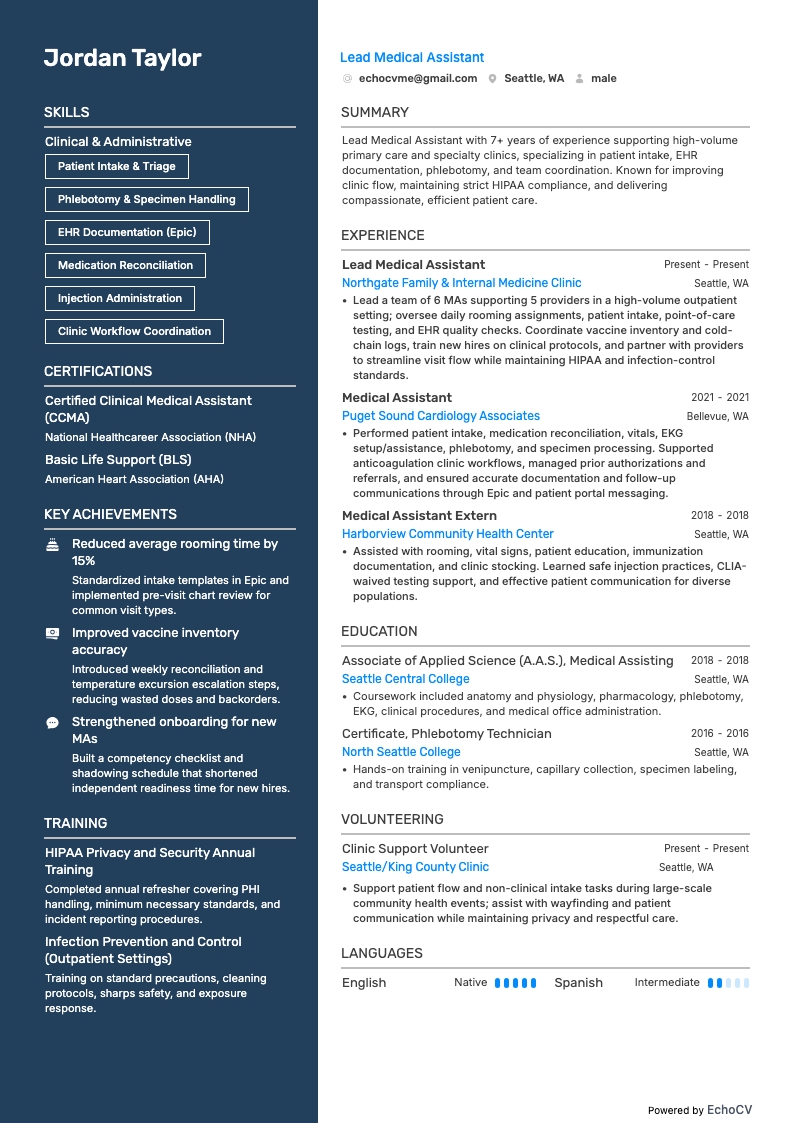 Lead Medical Assistant example resume
