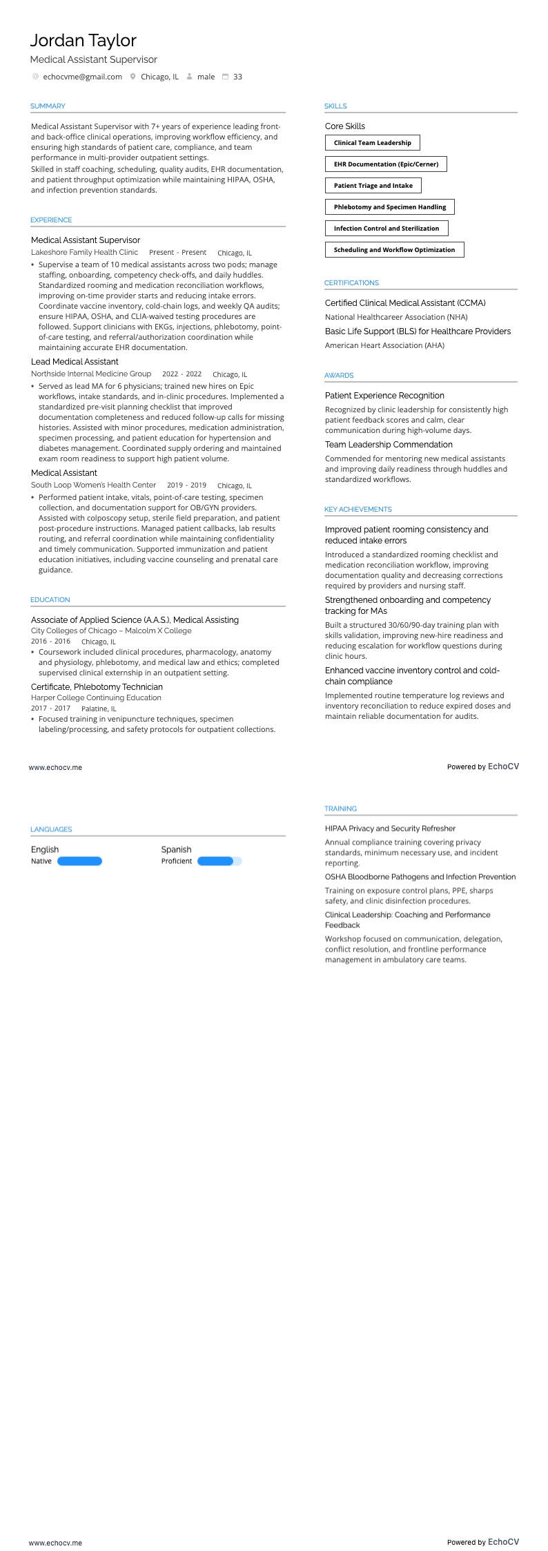 Medical Assistant Supervisor example resume