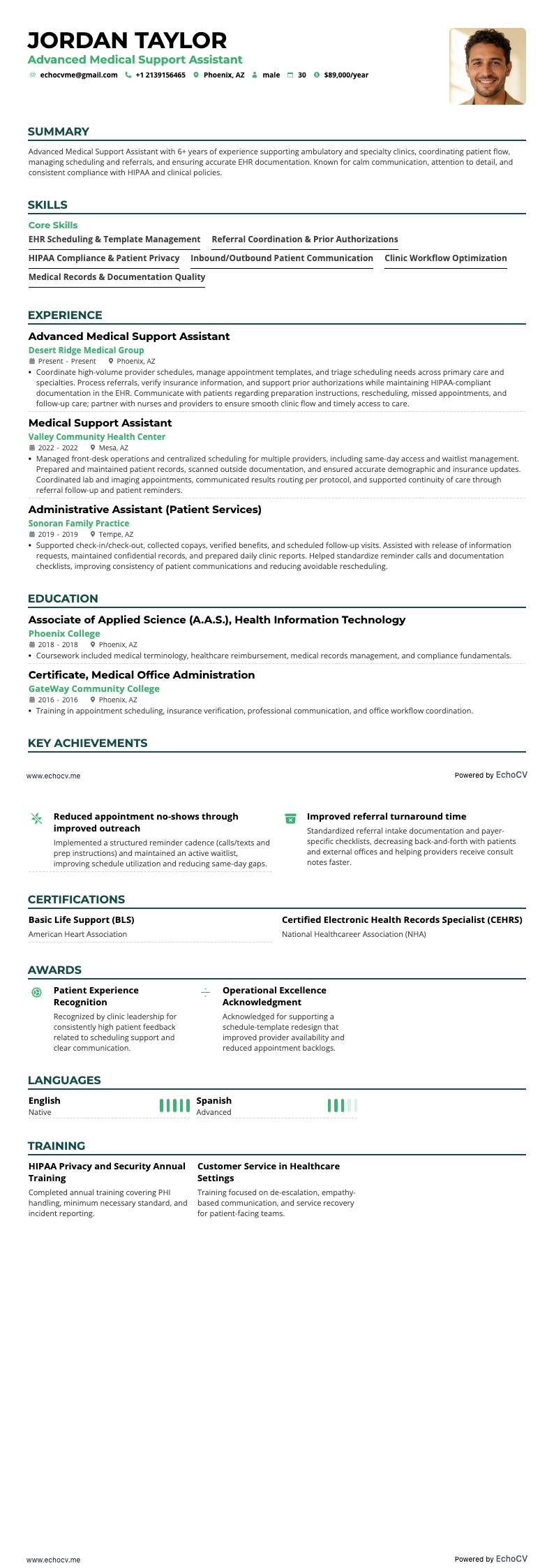 Advanced Medical Support Assistant example resume