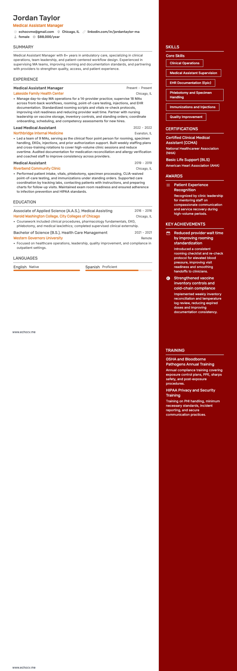 Medical Assistant Manager example resume