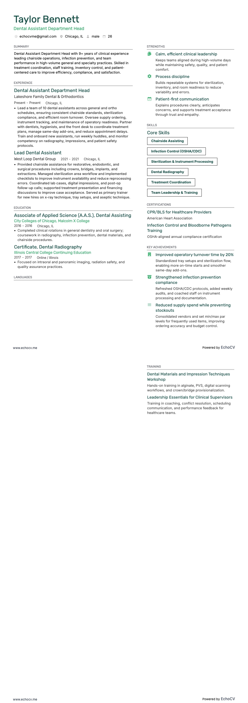 Afdelingshoofd tandartsassistenten example resume