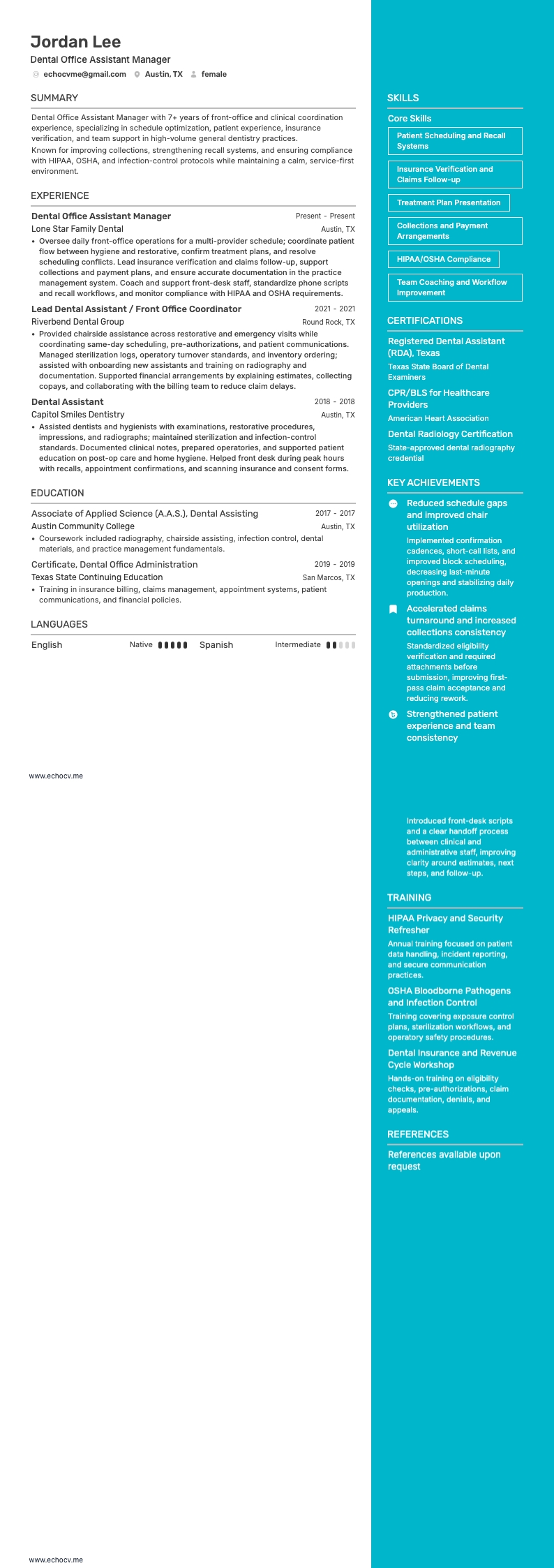 Assistent praktijkmanager tandarts example resume