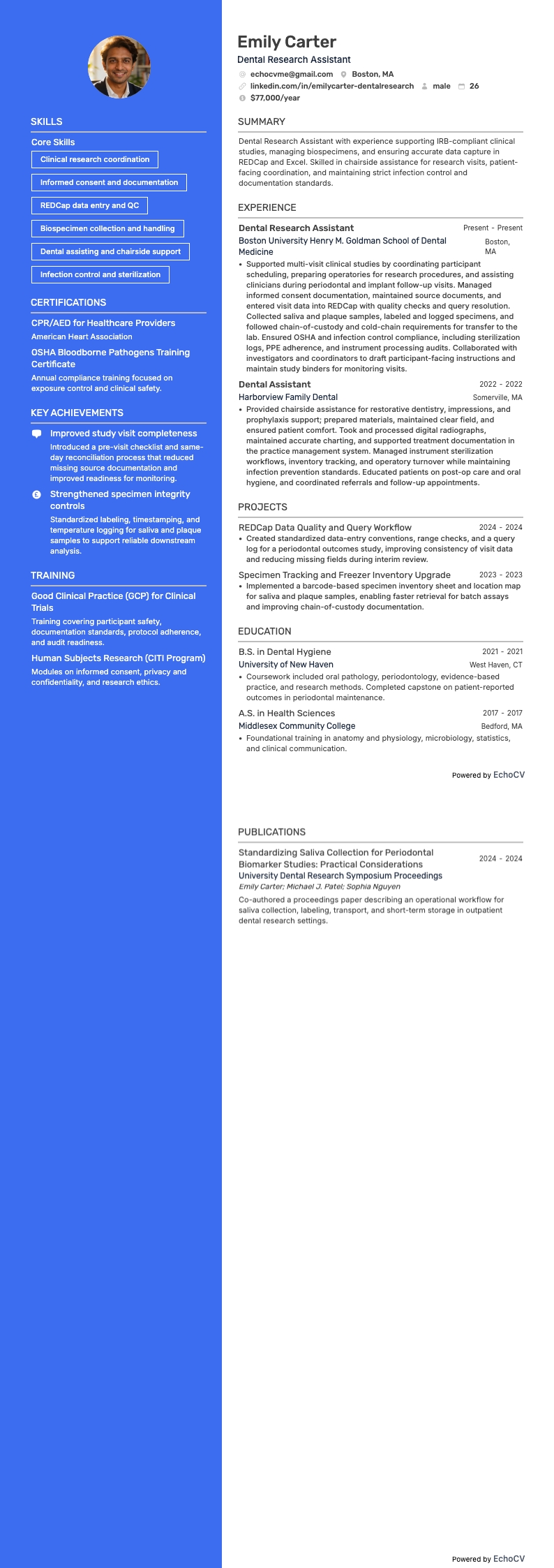 Onderzoeksassistent tandheelkunde example resume
