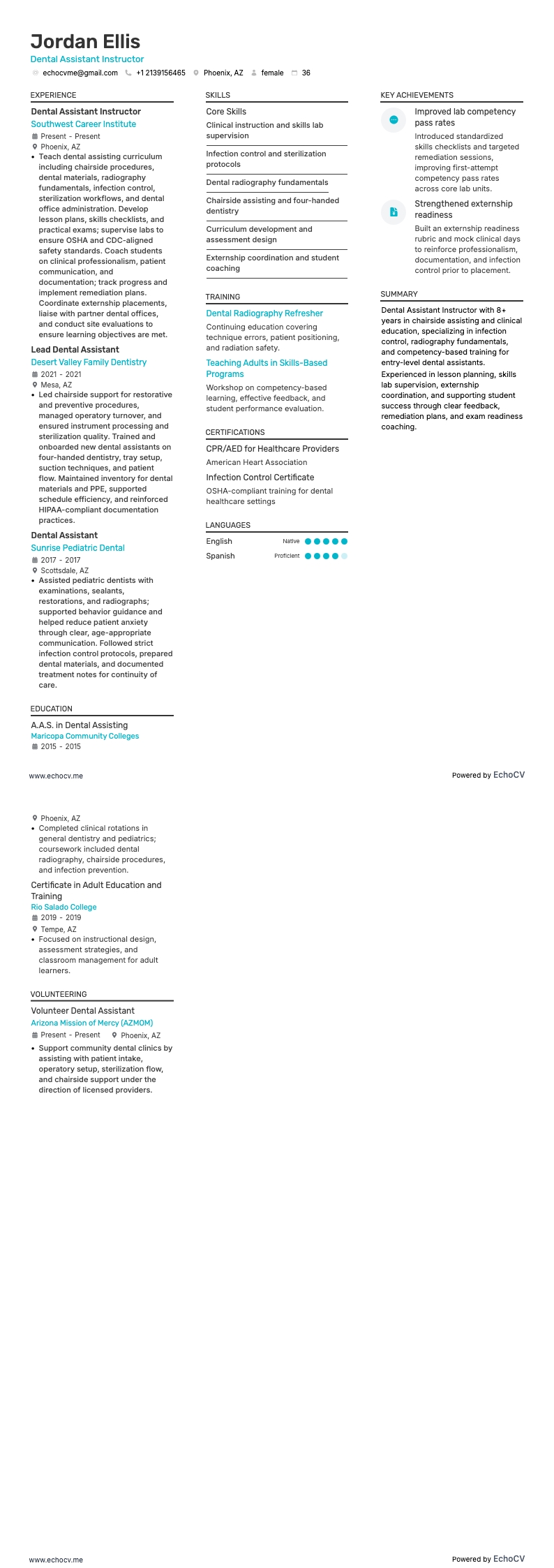 Instructeur tandartsassistenten example resume