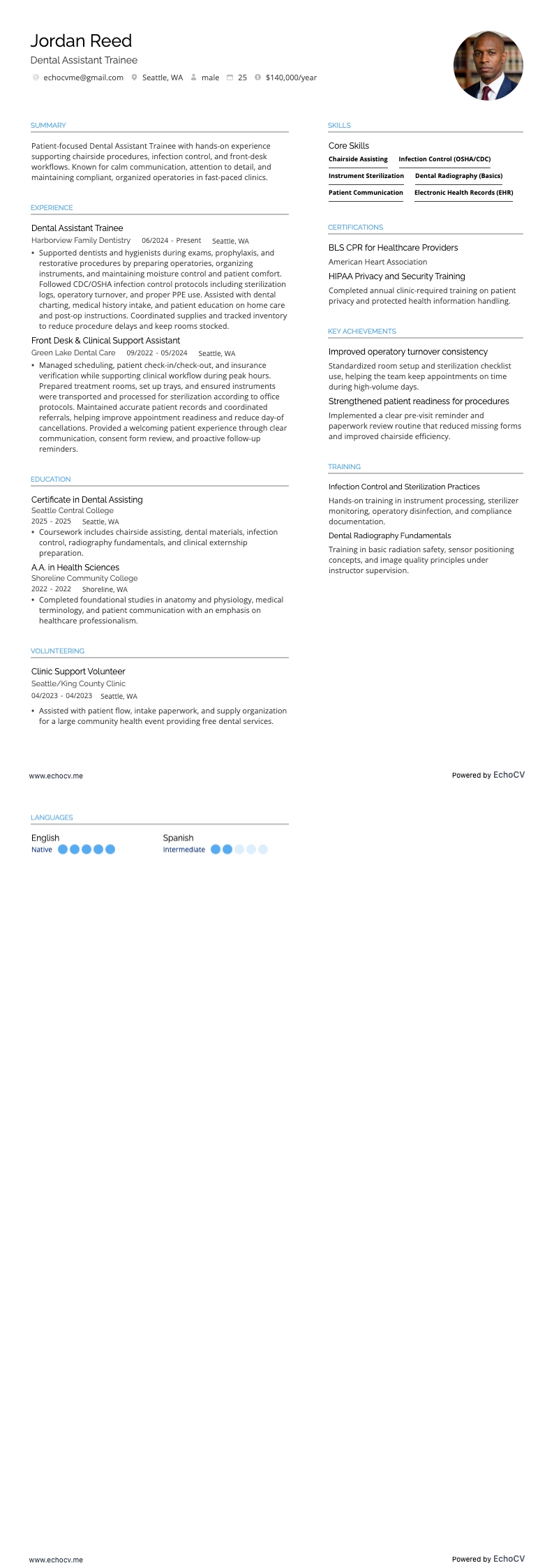 Tandartsassistent in opleiding example resume