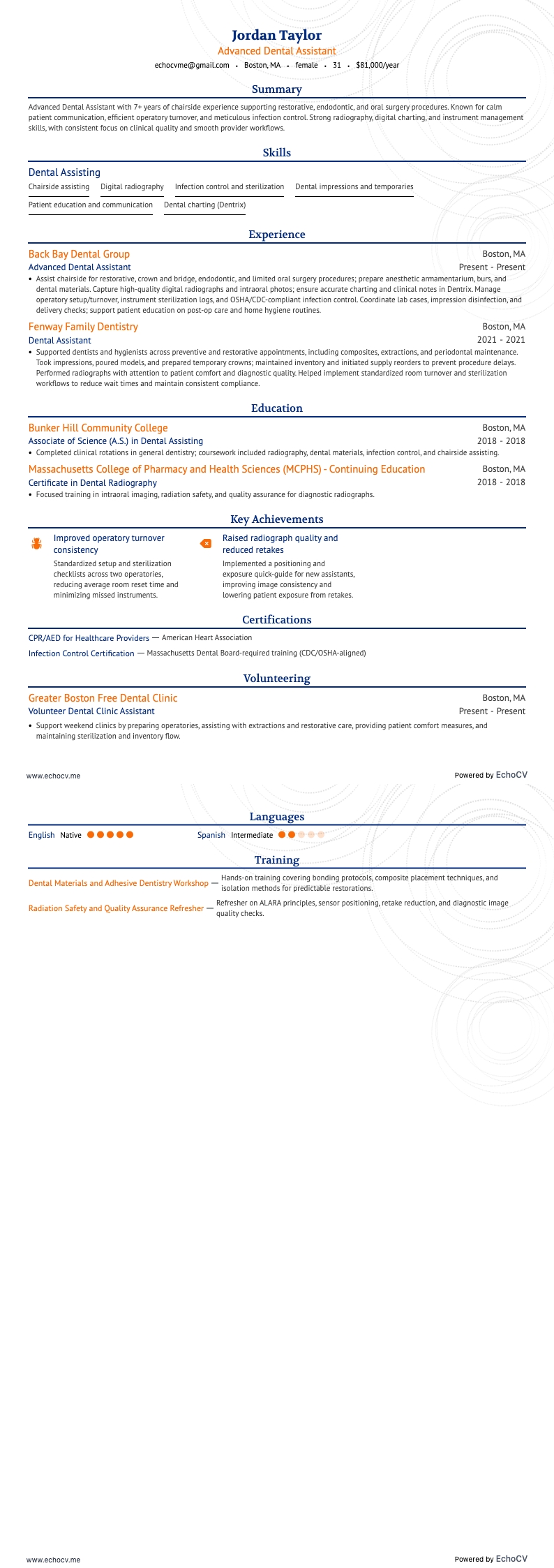 Ervaren tandartsassistent example resume