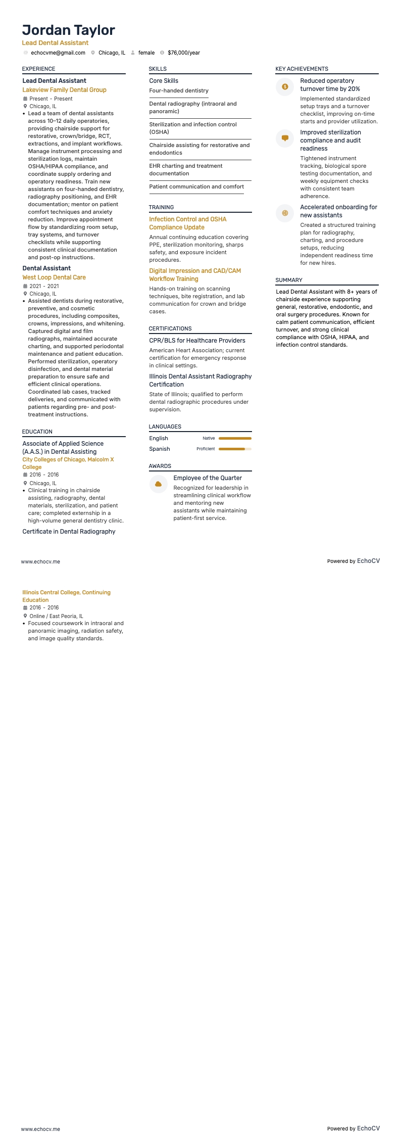 Senior tandartsassistent example resume