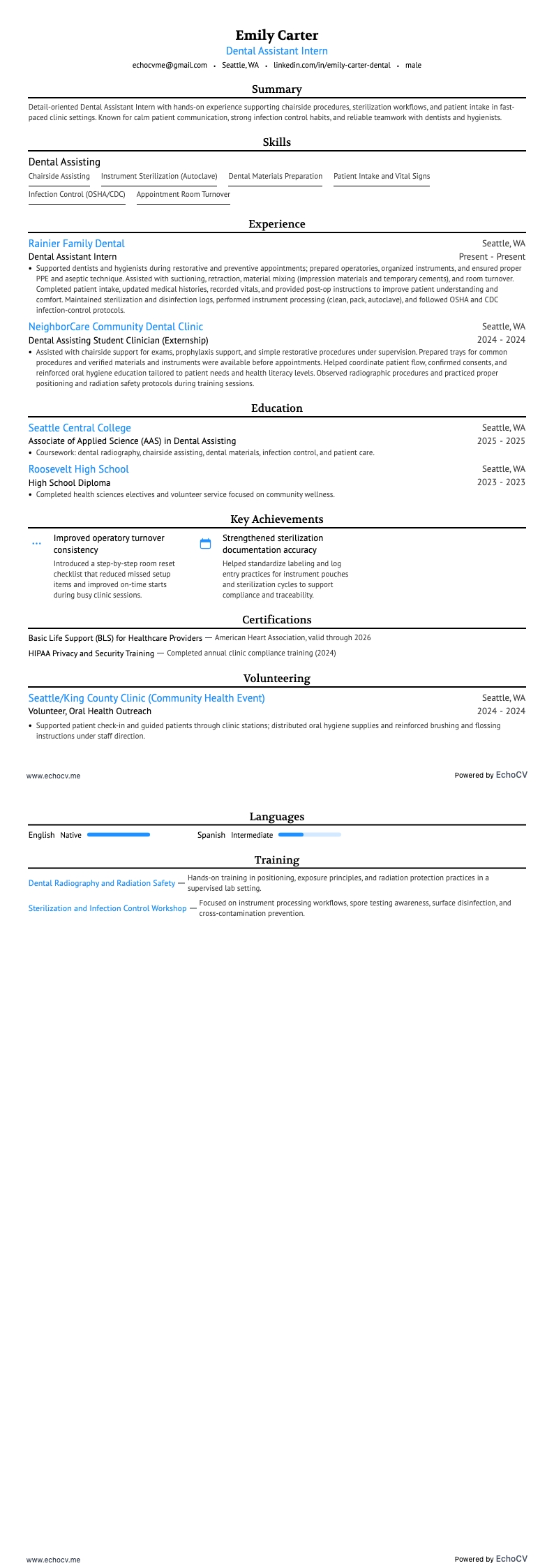 Stagiair tandartsassistent volledige voorbeeldweergave