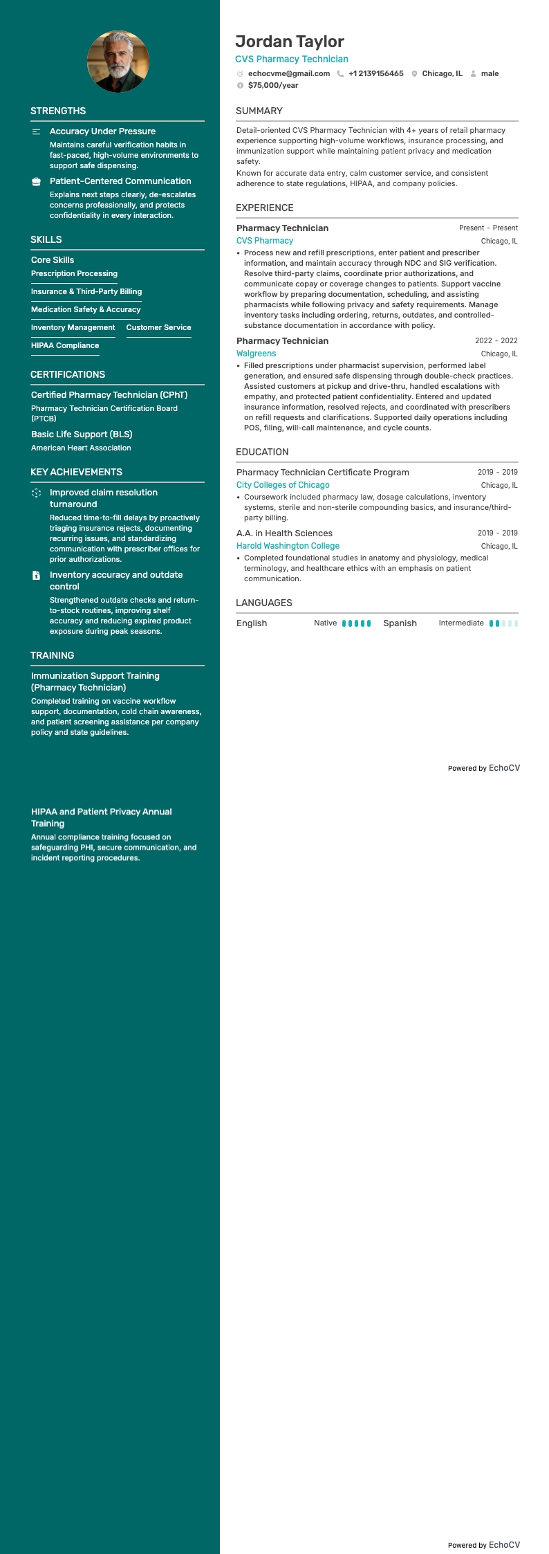 CVS薬局テクニシャン example resume