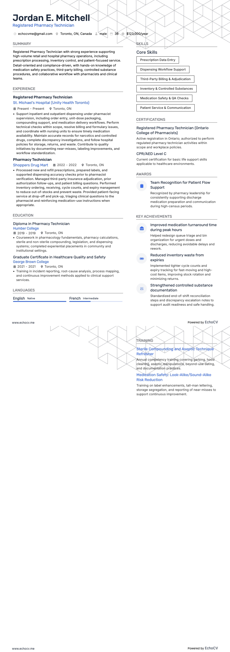 登録薬局技術者 example resume