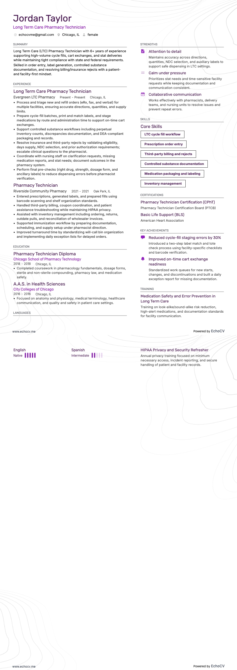 長期療養薬局の薬剤助手 example resume