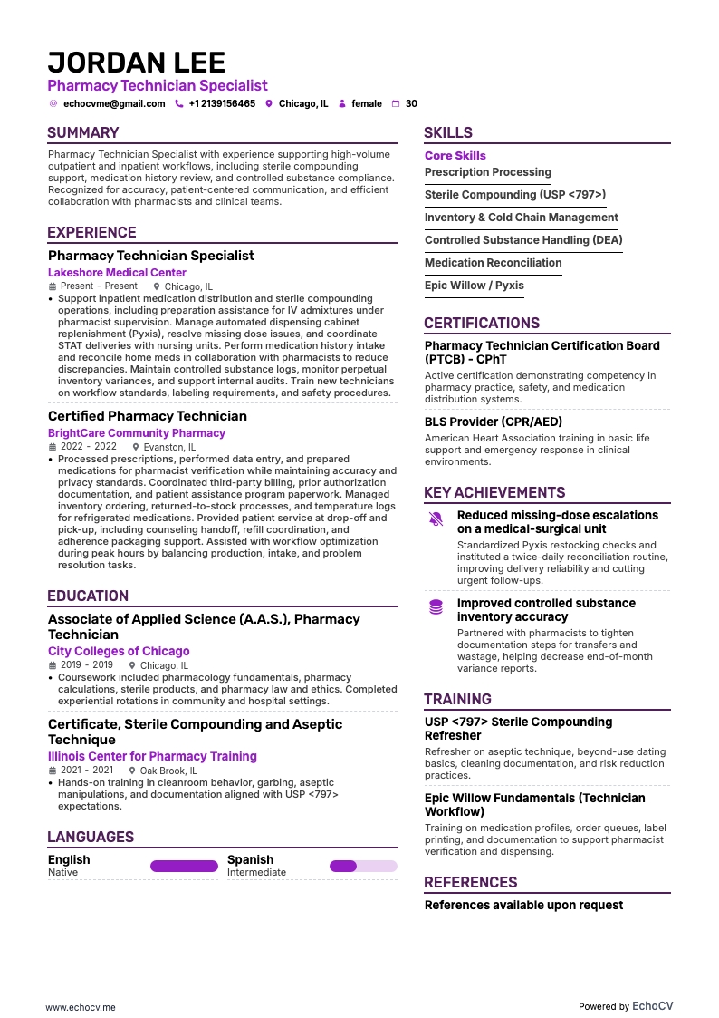 薬局技術専門職 example resume