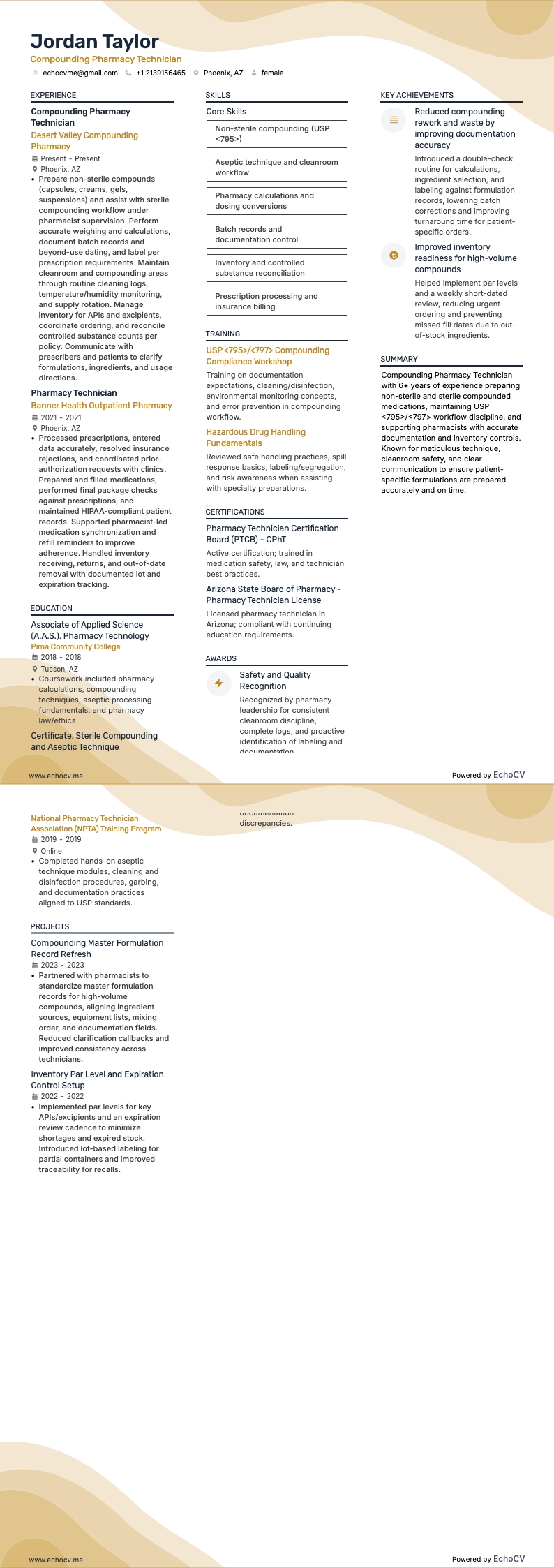 調剤薬局製剤技術者 example resume