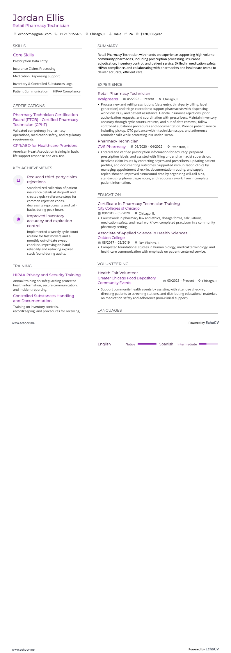 小売薬局の薬剤助手 example resume