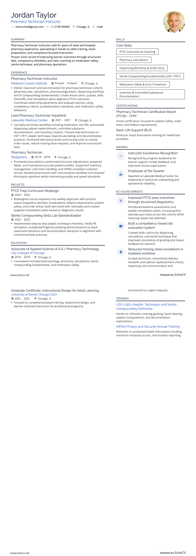 薬局技術者講師 example resume