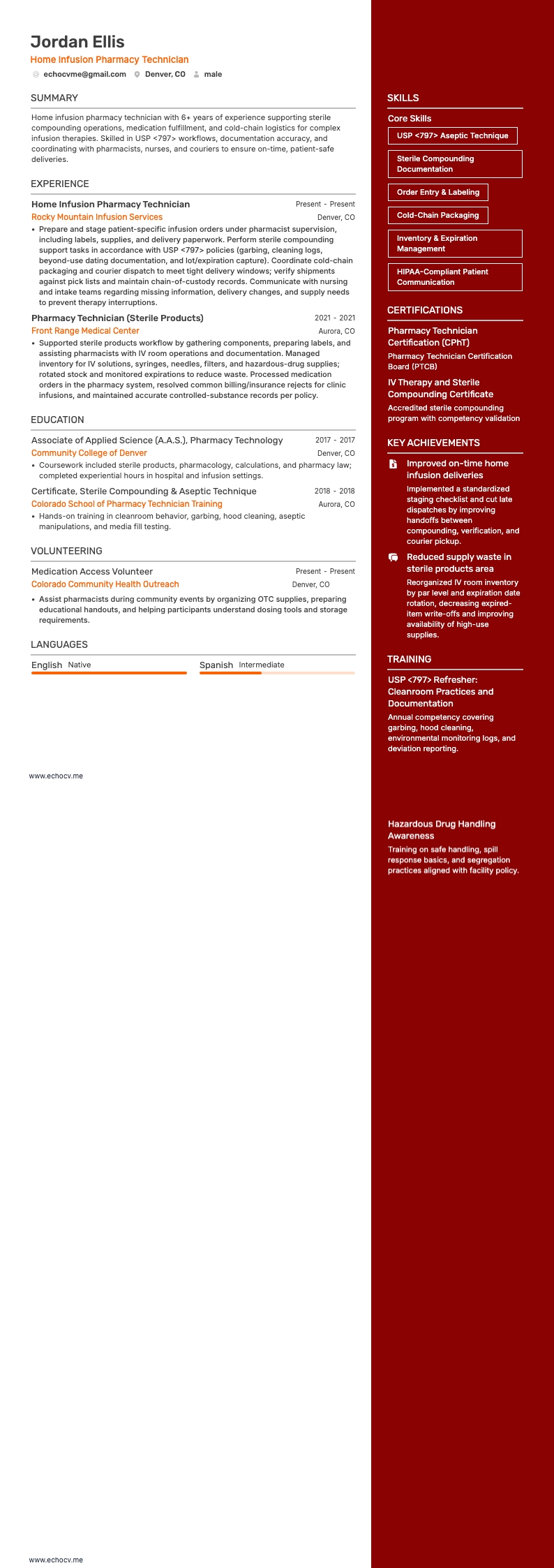 在宅点滴薬局技師 example resume