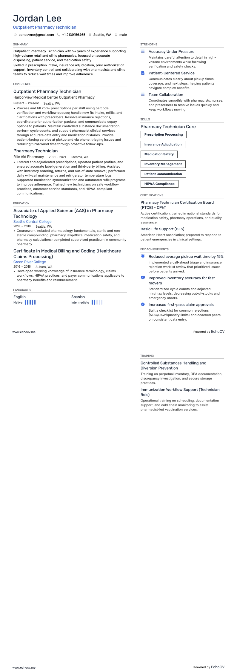 外来薬局技師 example resume