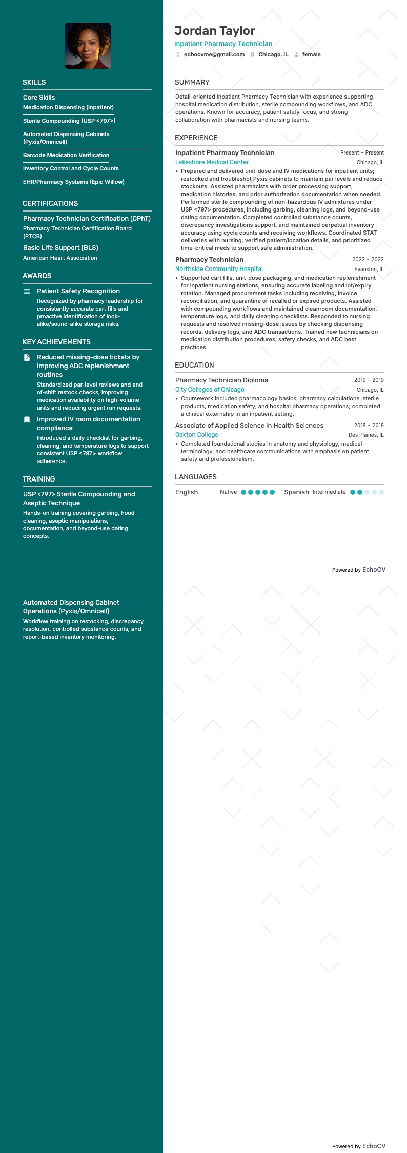 病院薬局技術者 example resume