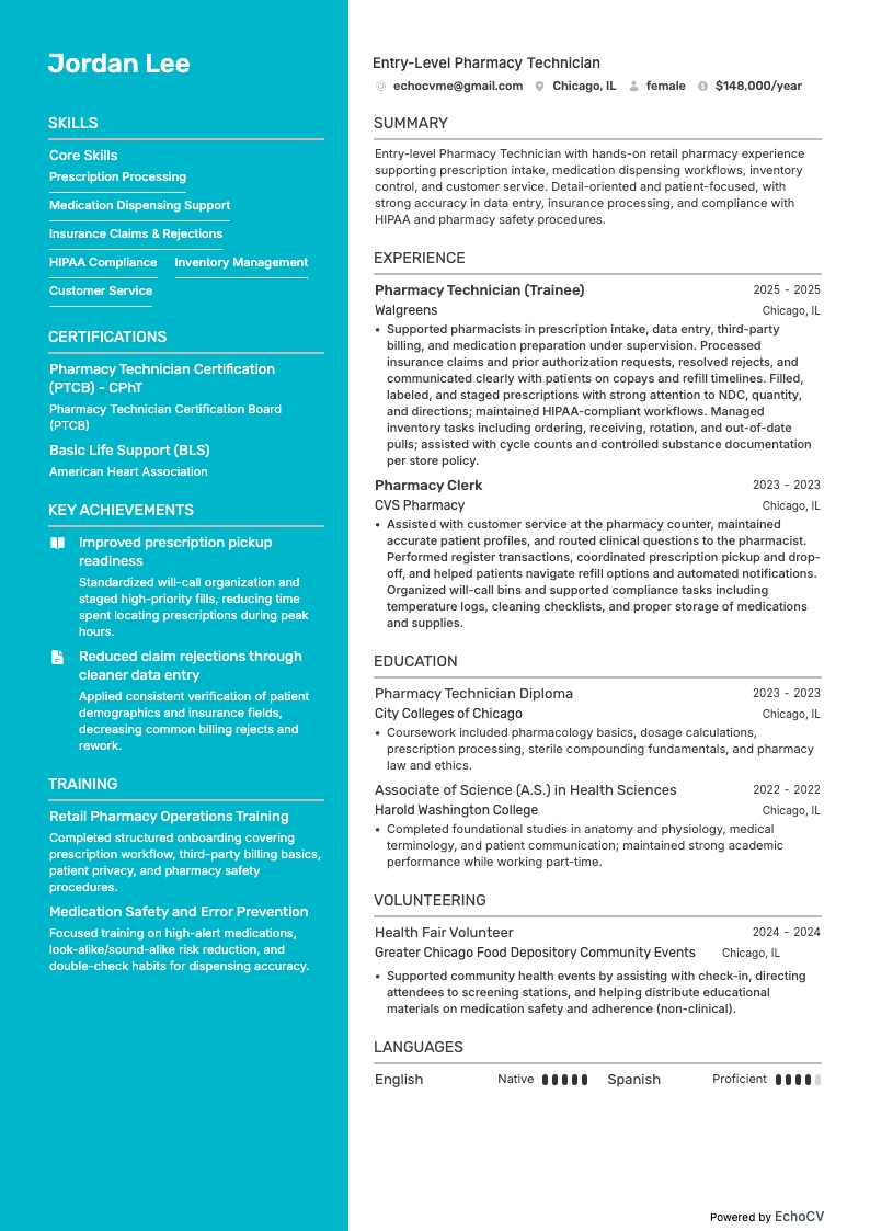 初級薬局技術者 example resume