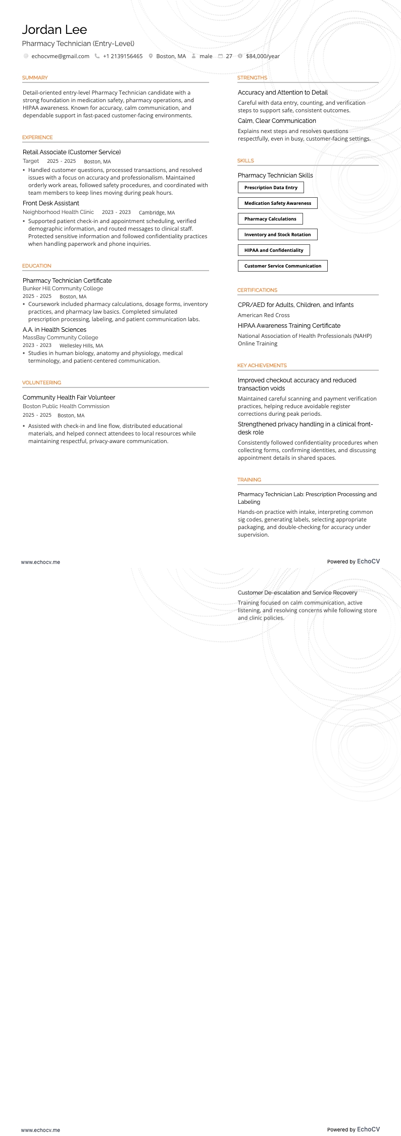 未経験の薬局技師 example resume