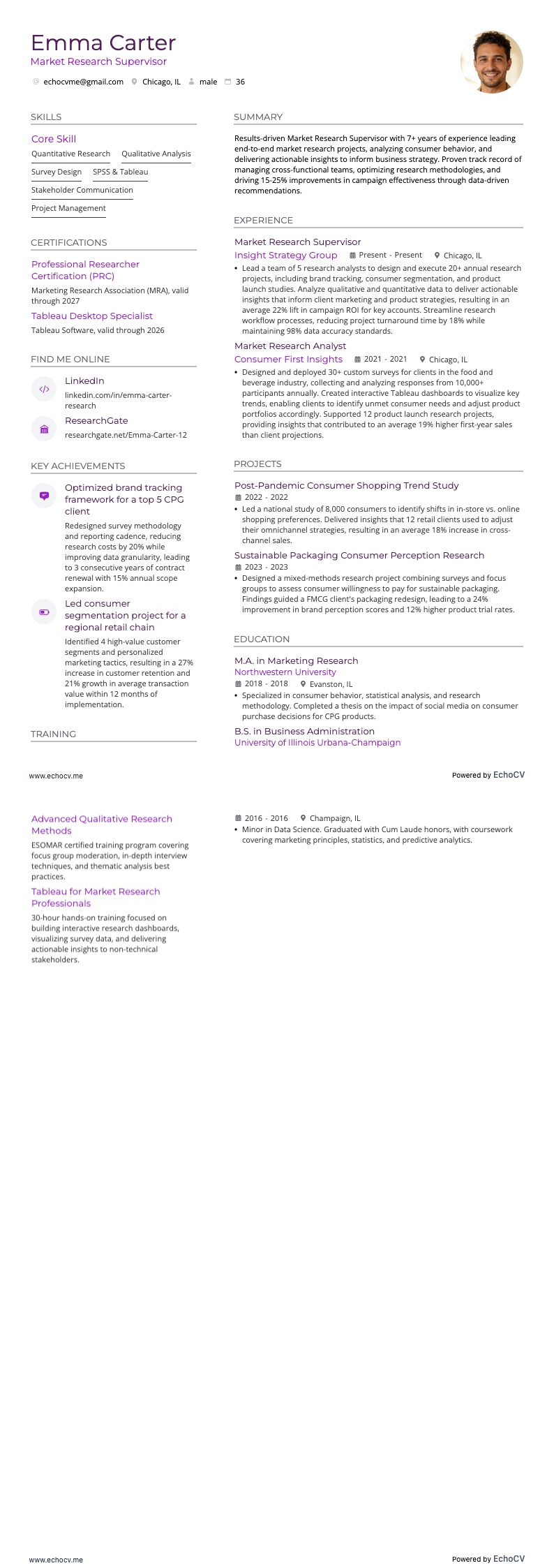 Market Research resume example