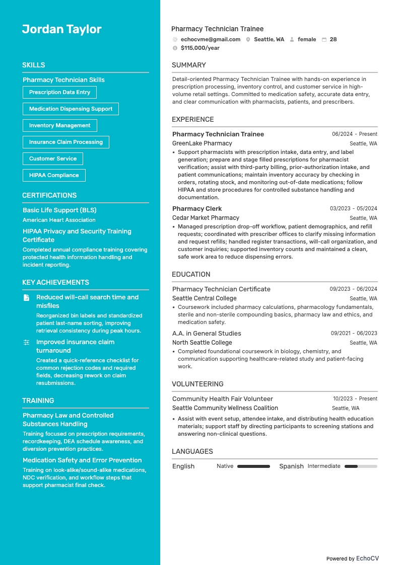 薬局技師見習い example resume