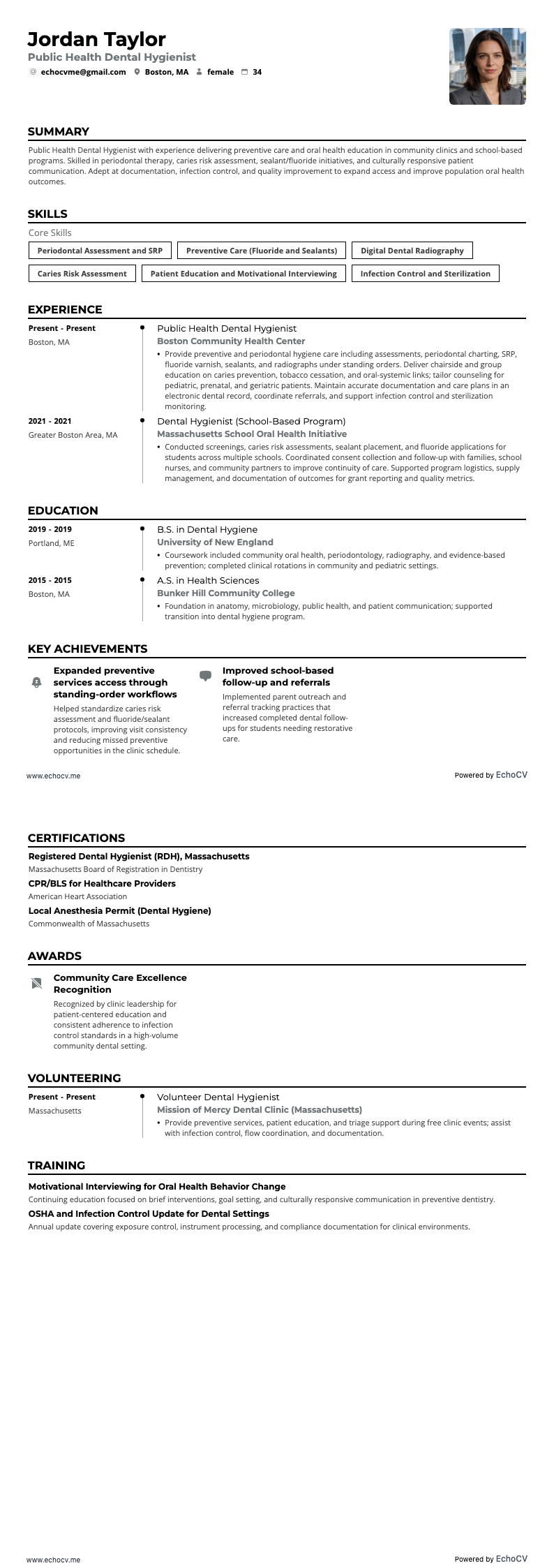 Public Health Dental Hygienist example resume