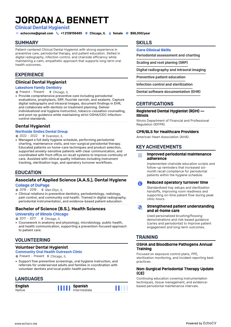 Clinical Dental Hygienist example resume