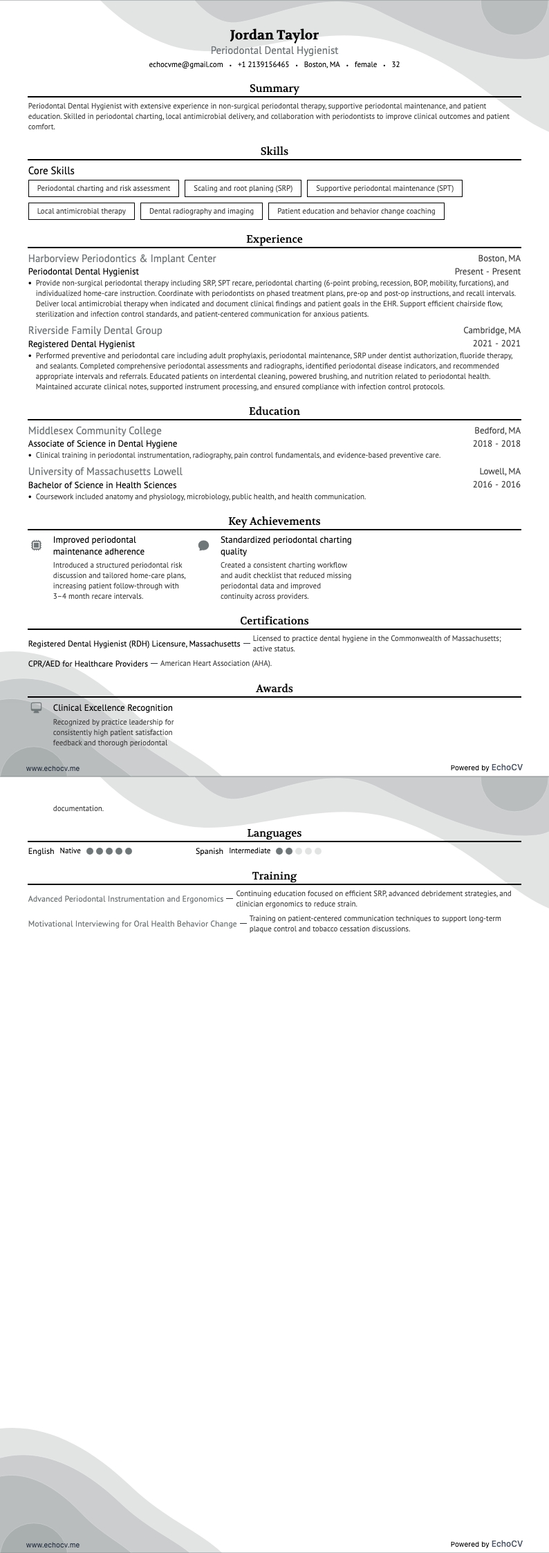 Periodontal Dental Hygienist example resume