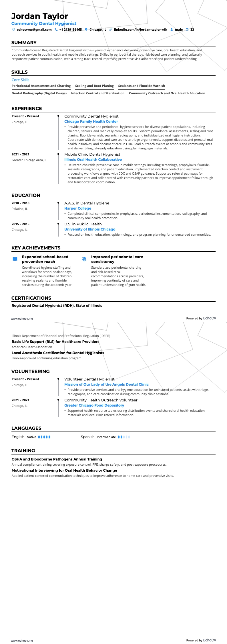 Community Dental Hygienist example resume