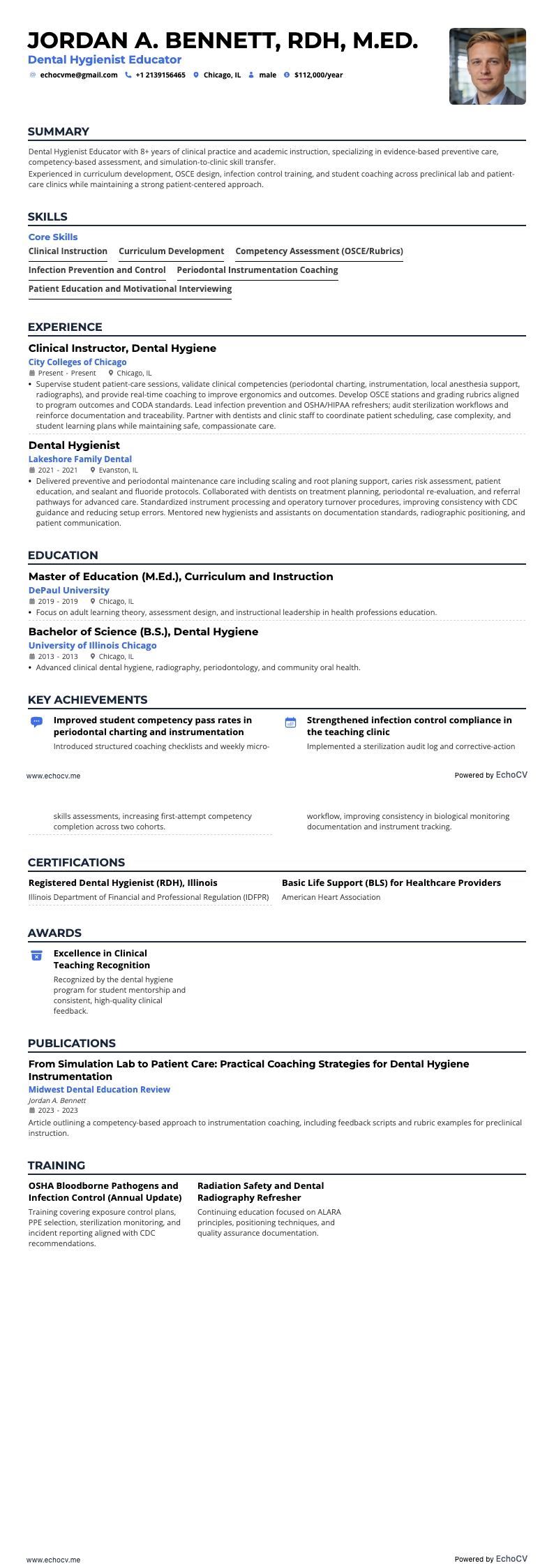 Dental Hygienist Educator example resume