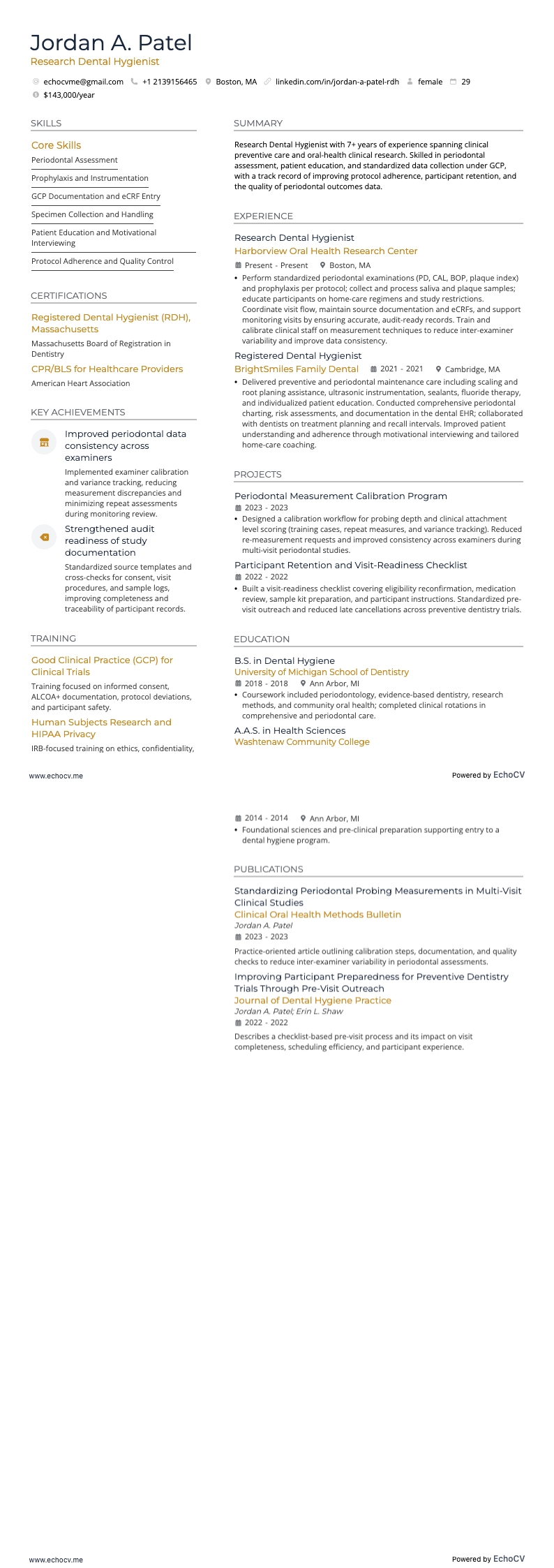 Research Dental Hygienist example resume