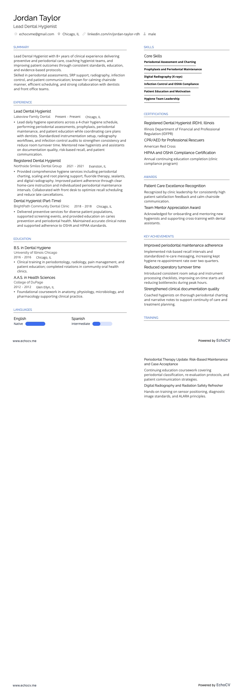 Lead Dental Hygienist example resume