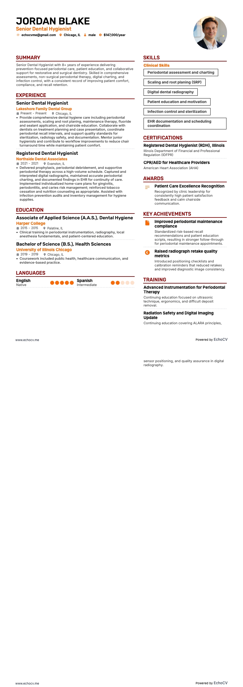 Senior Dental Hygienist example resume