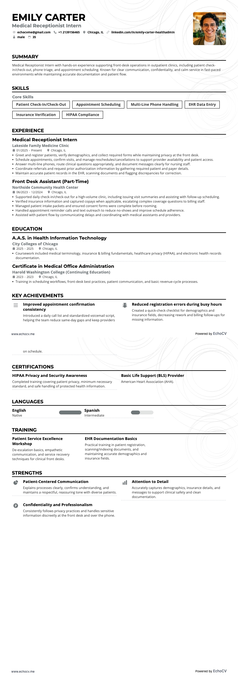 Medical Receptionist Intern example resume