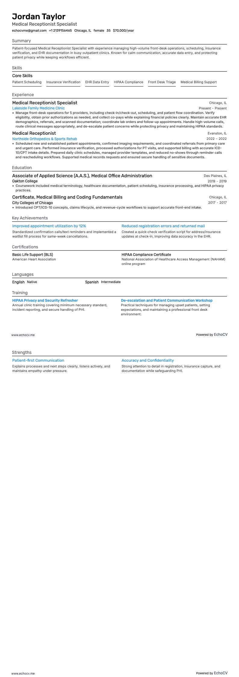 Medical Receptionist Specialist example resume