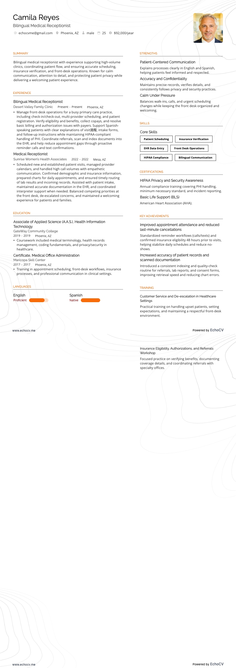 Bilingual Medical Receptionist example resume