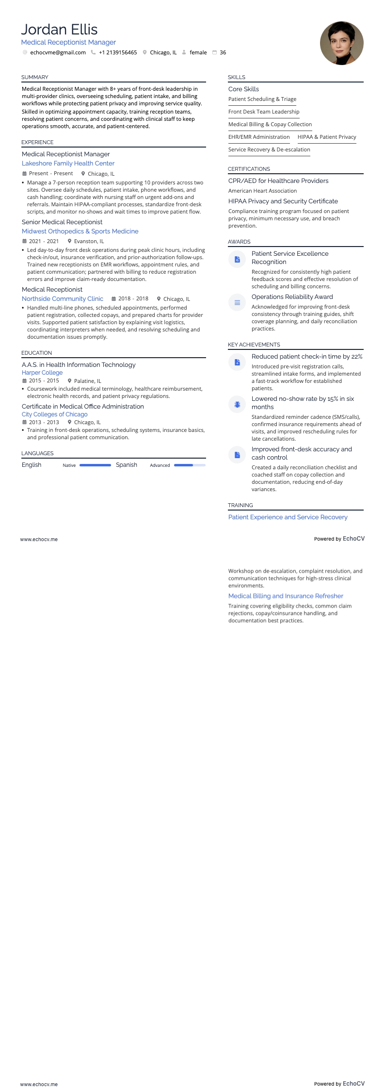 Medical Receptionist Manager example resume