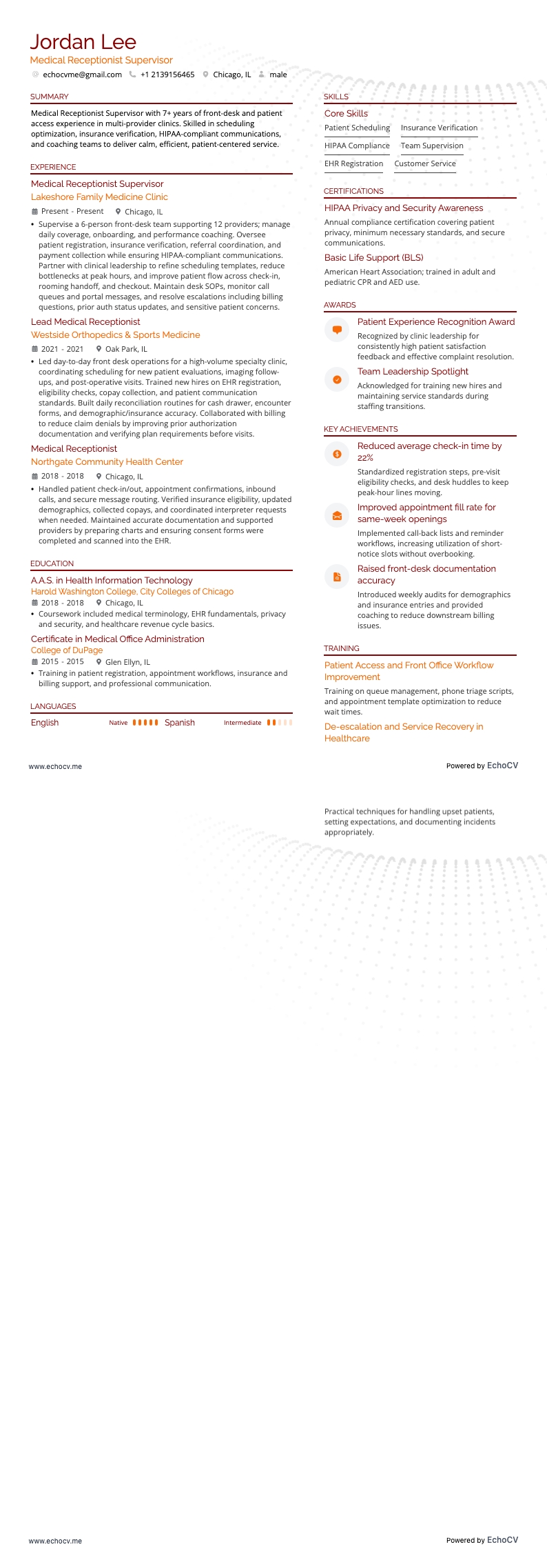 Supervisore del front desk medico